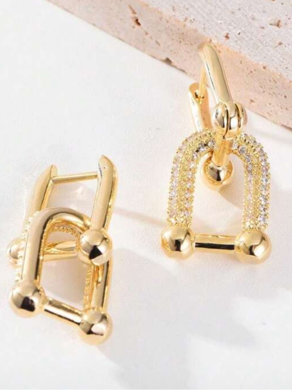 Gold U Shape/ Ball Link Drop Earrings w/ Pave Accents.